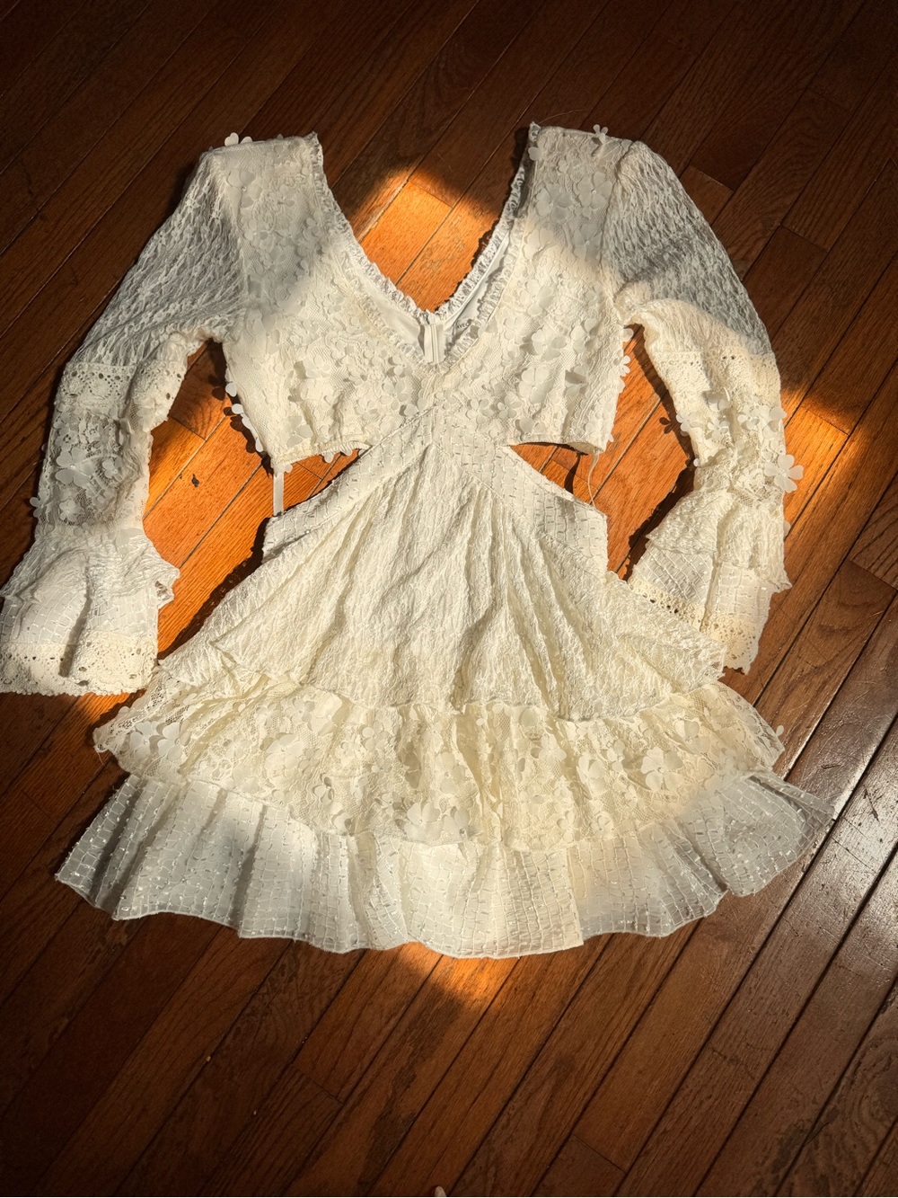 Avec Les Filles Ivory Cutout Lace Mini Dress with Long Sleeves